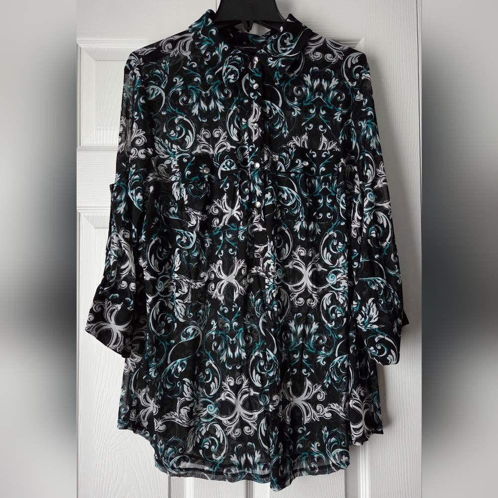 INC International Concepts Sheer Black & Teal Top Size 3X. Excellent Condition. - Picture 2 of 11